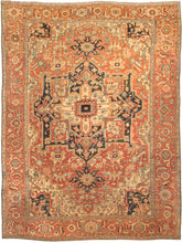 This Antique Serapi Rug features the classic Heriz layout with a graphic geometric central medallion. Great quality 19th-century Heriz rugs are often referred to as Serapi. Serapi patterning like what is exhibited here is often looser and freer than most later Heriz rugs. Serapis also have a softer palette and can include some unexpected tones.  A soft and balanced palette of soft brick, coral, powder blue, wheat, and coral contrasts well against ivory and deep navy. 