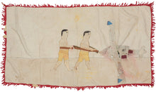 This dynamic Asafo flag depicts two male figures advancing in unison, each holding a rifle, their synchronized movement emphasizing discipline, coordination, and collective strength. Rendered in hand-cut appliqué on a softly aged cotton ground, the scene draws directly on Asafo traditions of martial symbolism and civic defense.