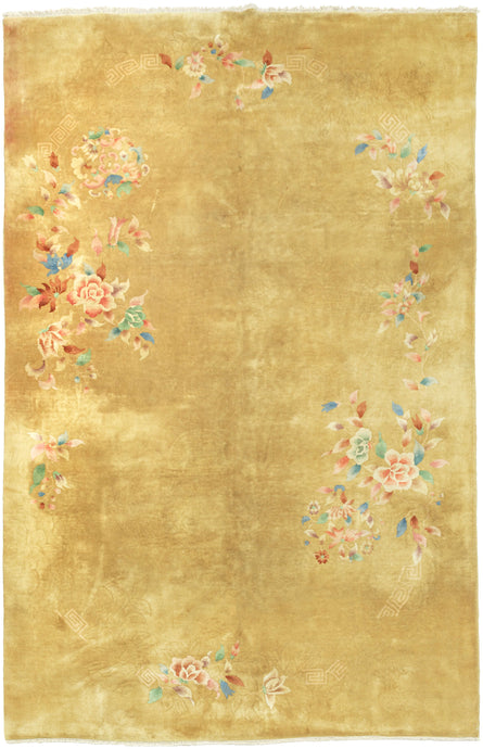 This elegant Deco rug features a refined open-field design with delicate floral sprays accenting a uncommon gold field. The softly rendered peonies, lotus blossoms, and leafy tendrils in pastel shades of pink. blue, and green create a graceful. understated compostion. features peonies, chrysanthemums, fruit blossoms among flowers rendered in greens, yellows, blues in purples. The flowers really pop on bright red, which is a shade most commonly associated with luck, joy, and prosperity in China.