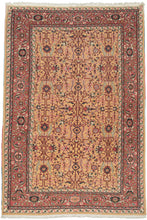 yellow heriz It features a symmetrical all over garden lattice that is densely populated with stylizes floral rosettes, palmettes, and leafy vines in soft coral, midnight blue, ivory and pistachio on a rare golden yellow ground.&nbsp; The red ground main border is composed of blossoming&nbsp;palmettes and crisply rendered saz leaves. A soft-spoken palette that is well-balanced plays off of contrast. Densely woven of high-quality wool making a hard-wearing new production piece that properly honors