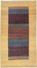 A refined example of modern Gabbeh weaving, this piece offers a minimalist meditation on color and form. Bands of saturated burgundy, indigo, and green move across a central panel, grounded by a glowing yellow field that frames the composition with quiet elegance.

Gabbeh rugs are known for their thick wool, subtle variegation, and expressive use of natural dyes. This example distills those elements into a bold yet harmonious design that is both rooted in tradition and strikingly modern.