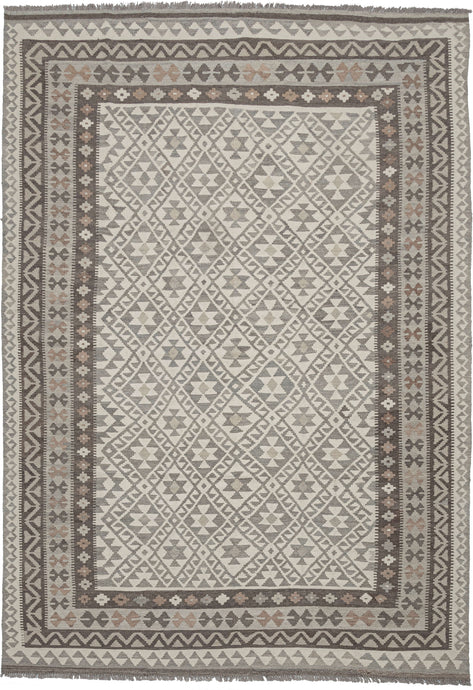 This Maimana kilim was woven in Afghanistan during the 21st Century.  It features classic Maimana patterning of stepped diamonds but in a neutral palette of soft browns, gray, and ivory. A versatile piece with a calming presence.  Alternate spellings of Maimana include but are not limited to: Maymane, Maymana, Maimane.  