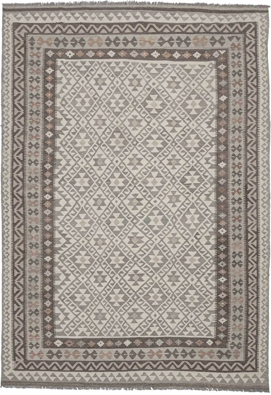 This Maimana kilim was woven in Afghanistan during the 21st Century.  It features classic Maimana patterning of stepped diamonds but in a neutral palette of soft browns, gray, and ivory. A versatile piece with a calming presence.  Alternate spellings of Maimana include but are not limited to: Maymane, Maymana, Maimane.  