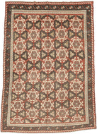 It features a striking allover lattice design with repeating floral rosettes and angular motifs in a balanced palette of earthy terracotta, chocolate brown, ivory, and soft blue. The wide border, decorated with stylized stars and angular vine elements, frames the field beautifully, adding depth and structure to the pattern. The bold yet harmonious composition and soft tones exemplify the sophisticated village weaving traditions of the region. KONYA