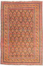 This rug was handwoven by the Kurdish weavers of Kolyai during the middle of the 20th century.

It features an all over design of abstracted floral motifs. In an uncommon and perfectly patinated palette of terracotta, aubergine, watermelon, teal and charcoal. With an enduring elegance that makes it equally suited for both eclectic interiors or more classic settings.