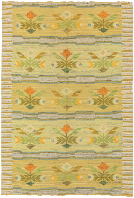 This Rölakan was handwoven in Sweden during the middle of the 20th Century.

A beautifully balanced Scandinavian flatweave featuring soft, luminous tones of straw yellow, pale green, sky blue, and warm ochre. The design is arranged in horizontal bands of stylized floral motifs, framed by subtle striped edges in an unmistakable nod to mid-century Swedish weaving traditions. The palette is intentionally gentle and airy, giving the piece a fresh, understated presence that works effortlessly in contemporary int