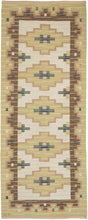This kilim was handwoven during the middle of the 20th Century in Sweden.

This very architectural composition features a border of stepped polygons surrounded with the a border that echoes the field by using waves of rhythmic intersecting blocks. Rendered in a warm, earthy palette of chestnut, wheat, cream, slate, moss and red clay. Signed with the initials "GK". In a harder to find runner format.