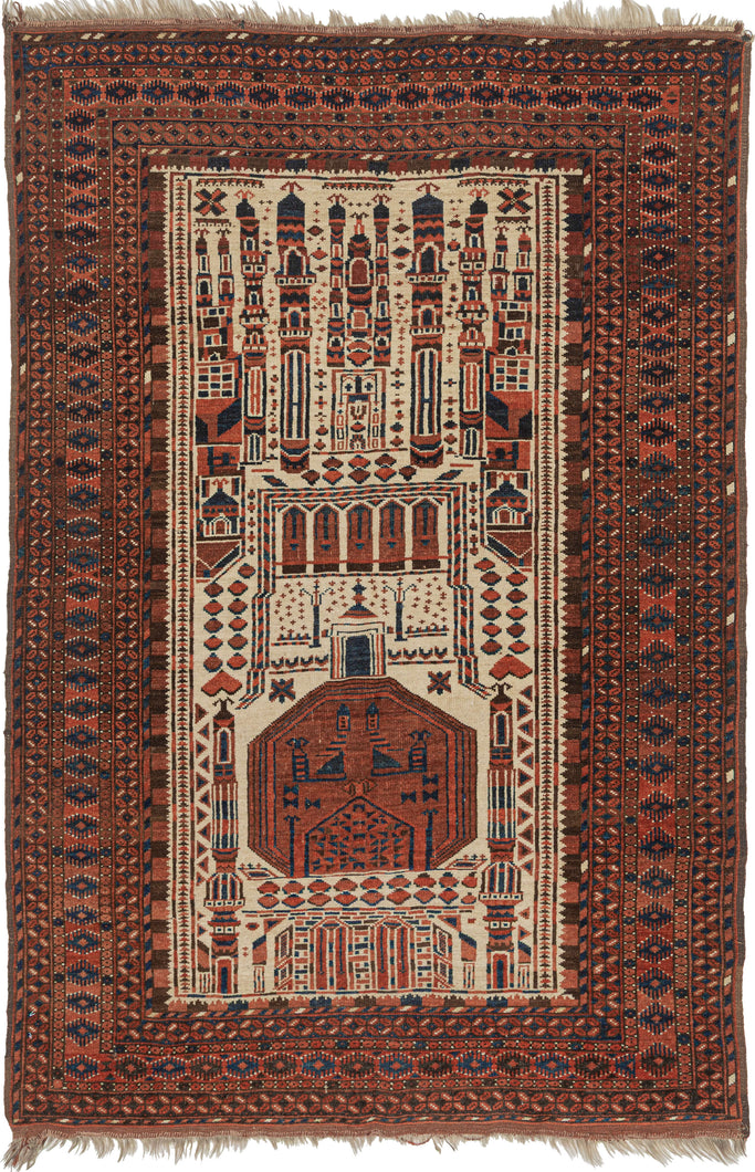 This distinctive Ersari prayer rug features an elaborate architectural composition of minarets, columns, niches, and stylized buildings arranged around a central mihrab. Within the large octagonal medallion is a pair of stylized birds, a motif often associated with harmony, protection, and the gardens of paradise. Their presence adds a poetic counterpoint to the rug’s highly ordered architectural design.