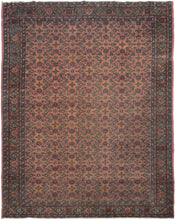 This Sparta rug was handwoven during the middle of the 20th century in Western Anatolia.

It showcases an all over Herati design floral lattice with playful rosettes and curling vinery set against a fun watermelon ground. The rest of the palette blends soft blues, mossy greens and golden accents to create a midcentury vibe.&nbsp;