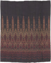 This elegant silk pha sin or traditional tube skirt was handmade northeast Thailand during the middle of the 20th century.

It is a masterful example of mudmee (ikat) weaving from the Isaan region.&nbsp;The central field (phuen sinh) displays alternating vertical bands of nested diamonds and stylized rice ear or flame motifs that are elongated and tapered into arrow forms that symbolize fertility, protection, and spiritual aspiration in regional Lao-Tai iconography.

The top band (hua sinh) offers a rhythm 