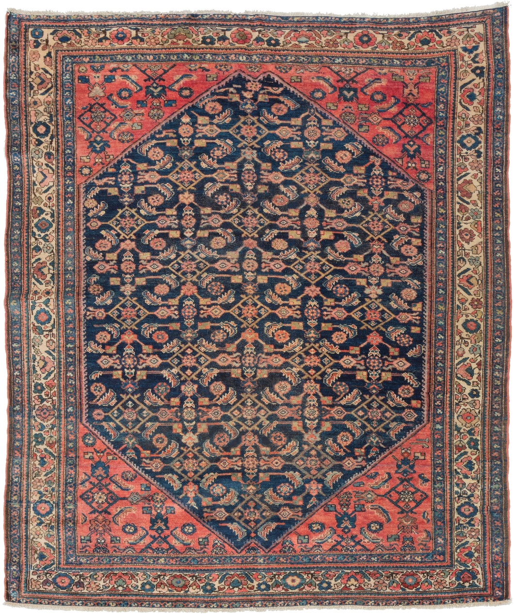 navy hamadan rug abrash, herati design