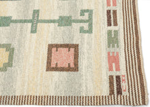 This Röllakan kilim was handwoven in Sweden during the middle of the 20th century.

It features a symmetrical layout with soft pastel shades of blue, pink, yellow, and green against an ethereal backdrop. The structured pattern of repeating squares and circles and the totemic green columns create a sense of rhythm and harmony. The background is composed of various marled yarns in ivory, yellow and a grayish green that provide wonderful depth and make the other elements appear to float above it. 