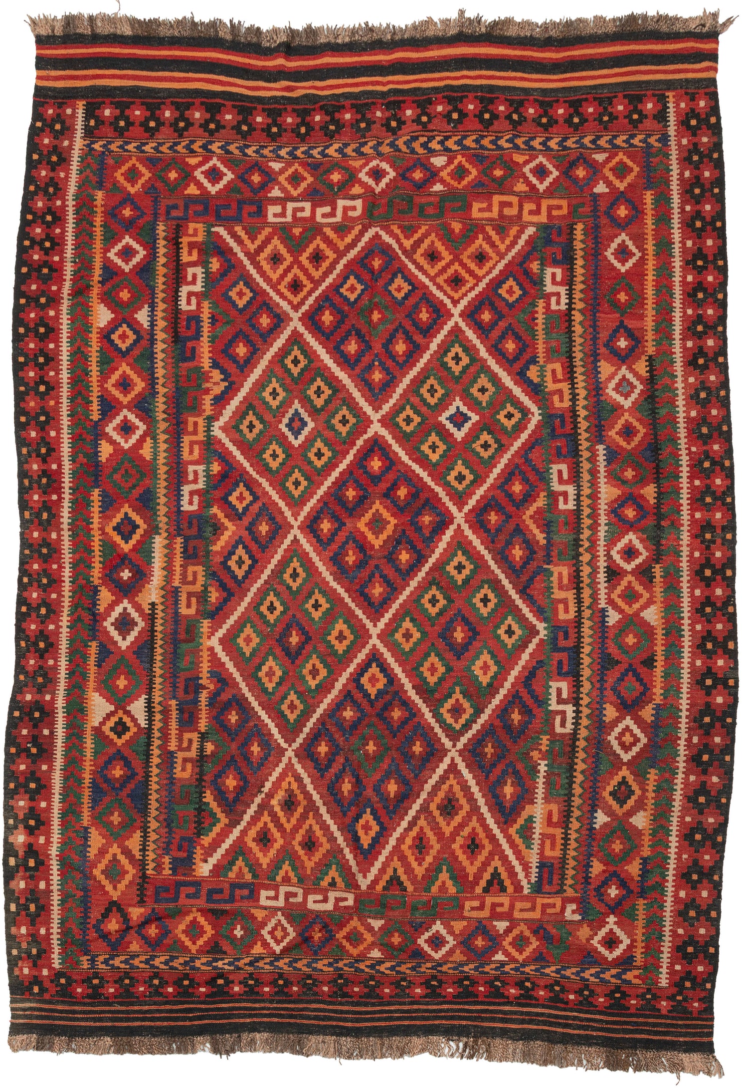 Mid-20th century Maimana kilim from northern Afghanistan with repeating diamond lattice motifs in red, blue, green, and saffron, framed by multiple geometric borders.