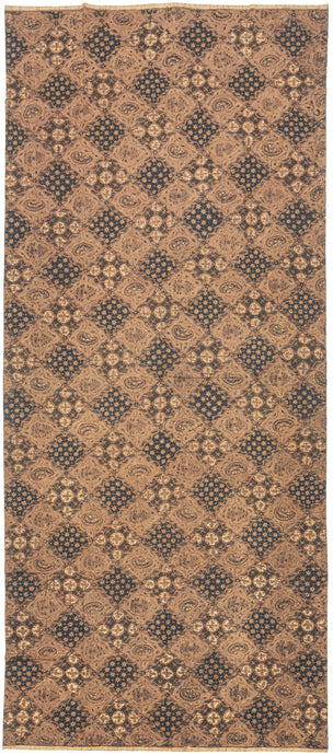 This vintage batik textile is an example of batik tulis—the traditional, hand-drawn wax-resist dyeing technique of Java, Indonesia. Its intricate pattern is arranged in a classic diagonal grid (kawung) formation, filled with an elegant interplay of florals, paisleys, and cosmic starbursts in warm, earthy tones of indigo, caramel, and ivory.

Each motif was meticulously applied by hand using a canting tool, a process that often takes weeks to complete and results in richly layered, deeply expressive clo