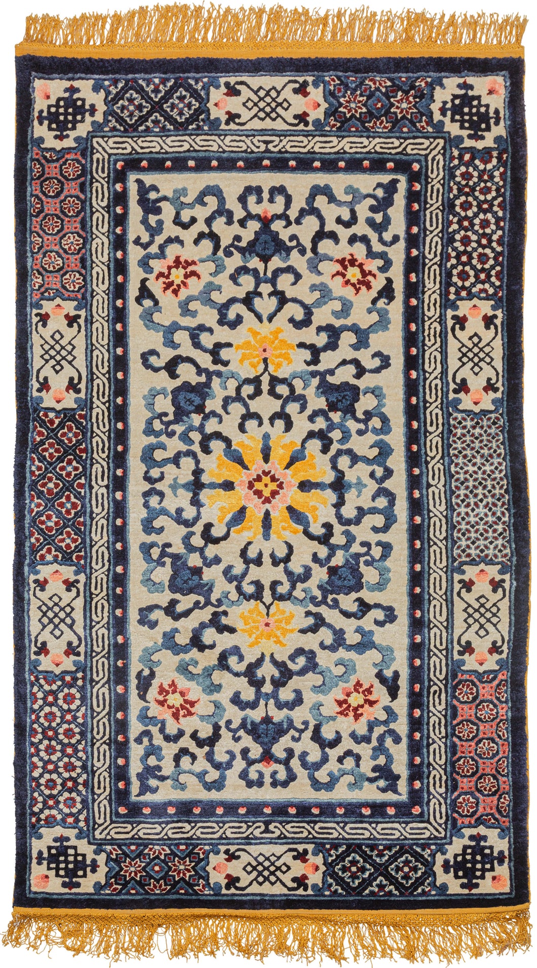 White & Blue Silk Tianjin Rug - 4’1 x 7’2