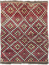 This Geometric Turkish Tulu  features a pattern of intersecting concentric diamonds formed of various squares in red, black, yellow and ivory. Coarsely rendered in shaggy wool creating a plush pile.   In good condition, with uneven fading and wear near the ends. Pile is thick and shaggy, with a soft handle. 