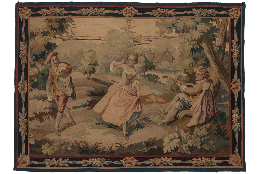 Antique  French Aubusson tapestry depicting a bucolic scene of a 