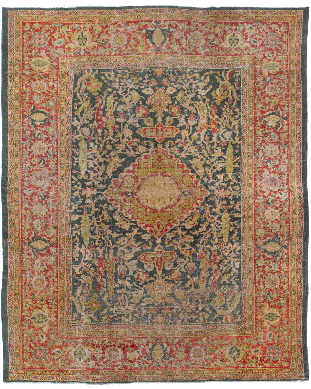 This Antique Green Sultanabad  features a central medallion on a rare green ground. The field is full of flowering vines cypress trees and various abstracted animals which blend right in. The dark green ground rich lacquer contrast nicely with softer tones of periwinkle, coral, lilac, chartreuse, and sherbert.  The wide and eclectic color range works together to create a harmonious whole. 
