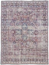 19th century Persian Yazd roomsize rug featuring an intricate curvilinear central medallion on a scalloped maroon field. With a well-balanced palette of cool blues, rosy pinks, and sandy beiges with gold, green, and navy. Framed by a thin more geometric border. Considerably worn into the underlying white cotton foundation. Foundation has been reinforced but not woven over to maintain its worn-in look and heavenly appearance in a structurally sound manner.