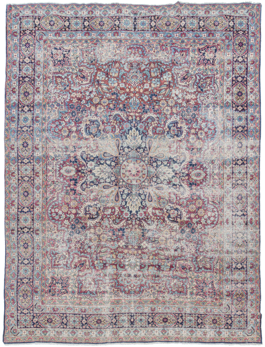 19th century Persian Yazd roomsize rug featuring an intricate curvilinear central medallion on a scalloped maroon field. With a well-balanced palette of cool blues, rosy pinks, and sandy beiges with gold, green, and navy. Framed by a thin more geometric border. Considerably worn into the underlying white cotton foundation. Foundation has been reinforced but not woven over to maintain its worn-in look and heavenly appearance in a structurally sound manner.
