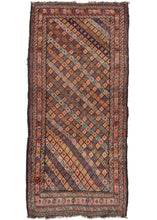 19th century south Persian lori rug featuring a classic repeating diamond pattern set in a diagonal. Note the classic candy-cane borders found in many rugs woven in the Zagros. The main border continues the diamond motif of the main design but in a straight line. Two little figures at the top on the left and right of the rug add a touch of whimsy.