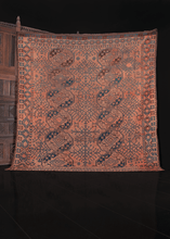 19th century ersari turkmen rug with gul design and orange blue and brown color palette. in good condition