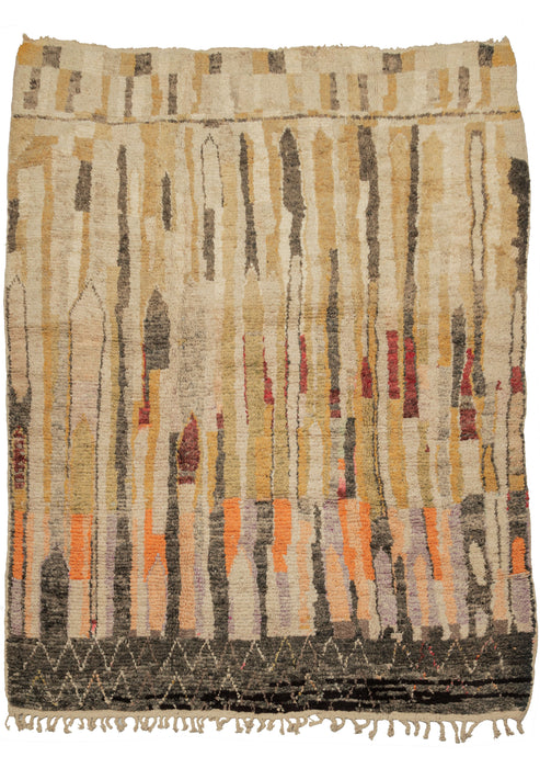 This Abstract High Atlas Moroccan Shag Rug features long, abstracted columns of ivory, yellow, charcoal, crimson, orange, and lilac that sit atop a dark charcoal base of zigzags. Has the feel of abstracted rows of vegetation reaching towards the sky. Nice hard to find 8' x 10' size.  In very good condition, with minimal wear and color fading. Pile is thick, with a soft handle.