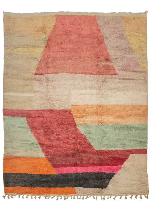 This Color Block High Atlas Moroccan Shag Rug features big, abstracted blocks of soft reds, green, ivory, lilac, wheat and pops ore saturated black, orange and hot pink.  Nice hard to find 8' x 10' size.  In very good condition, with minimal wear and color fading. Pile is thick, with a soft handle. 