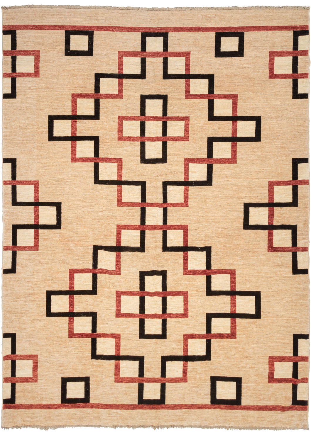 Contemporary Afghan large rug featuring a classic Navajo palette enlarged into a large scale which is uncommon for Navajo weaving. An interesting geometric composition of interlocking boxes in red, black, white, and beige compose the classic patterning. It has a heavy handle with a soft and velvety pile from local Afghan wool.