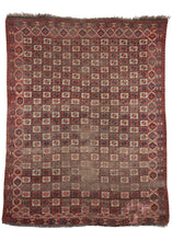 Antique 19th century Central Asian Beshir Turkmen area rug featuring a beautiful all over checkerboard pattern in ivory red, with touches of blue, green, and purple.  Overall wear is consistent with age, one corner featuring some old and recently reinforced repairs.