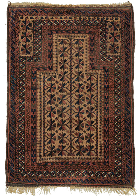 Antique Baluch prayer rug composed of a directional prayer niche with a tree-of-life central motif that fills the camel mihrab.  The same motif can be found on the two smaller trees flanking the top of the mihrab. Navy, earthy reds, oxidized brown, and ivory liven up the composition.