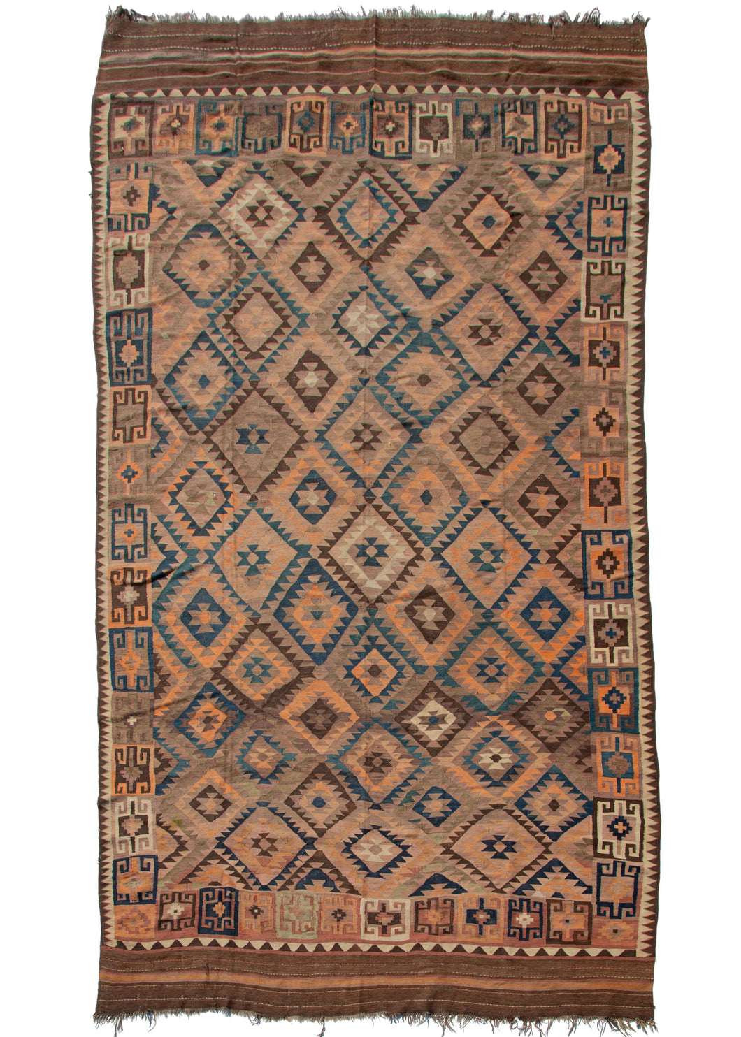 Antique Afghani Maimane palace sized kilim featuring a minimalist geometric design in a subtle color palette of indigo blue, deep browns, soft purples, and ivories. 