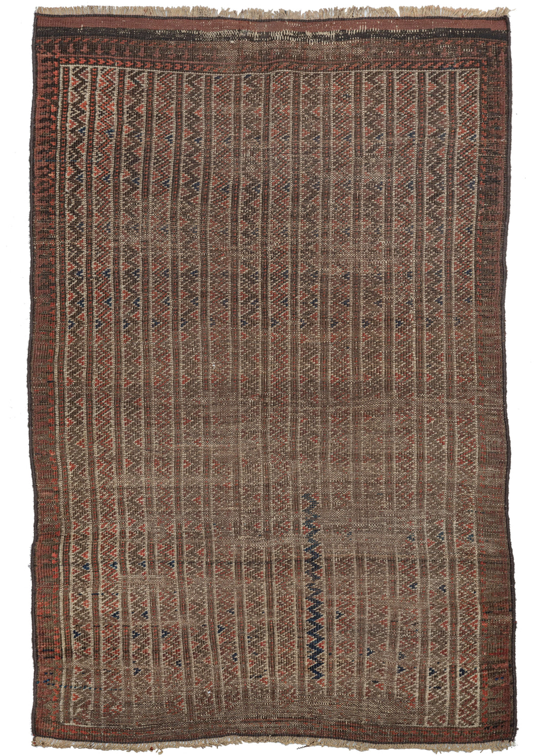 19th century Baluch scatter rug woven in a simple and straightforward palette of deep reddish-brown, navy, oxidized brown, and ivory. It is composed of multiple columns featuring energetic zig zags. One navy zig zag near the center is thicker and more prominent giving the piece interest and pizzaz. 