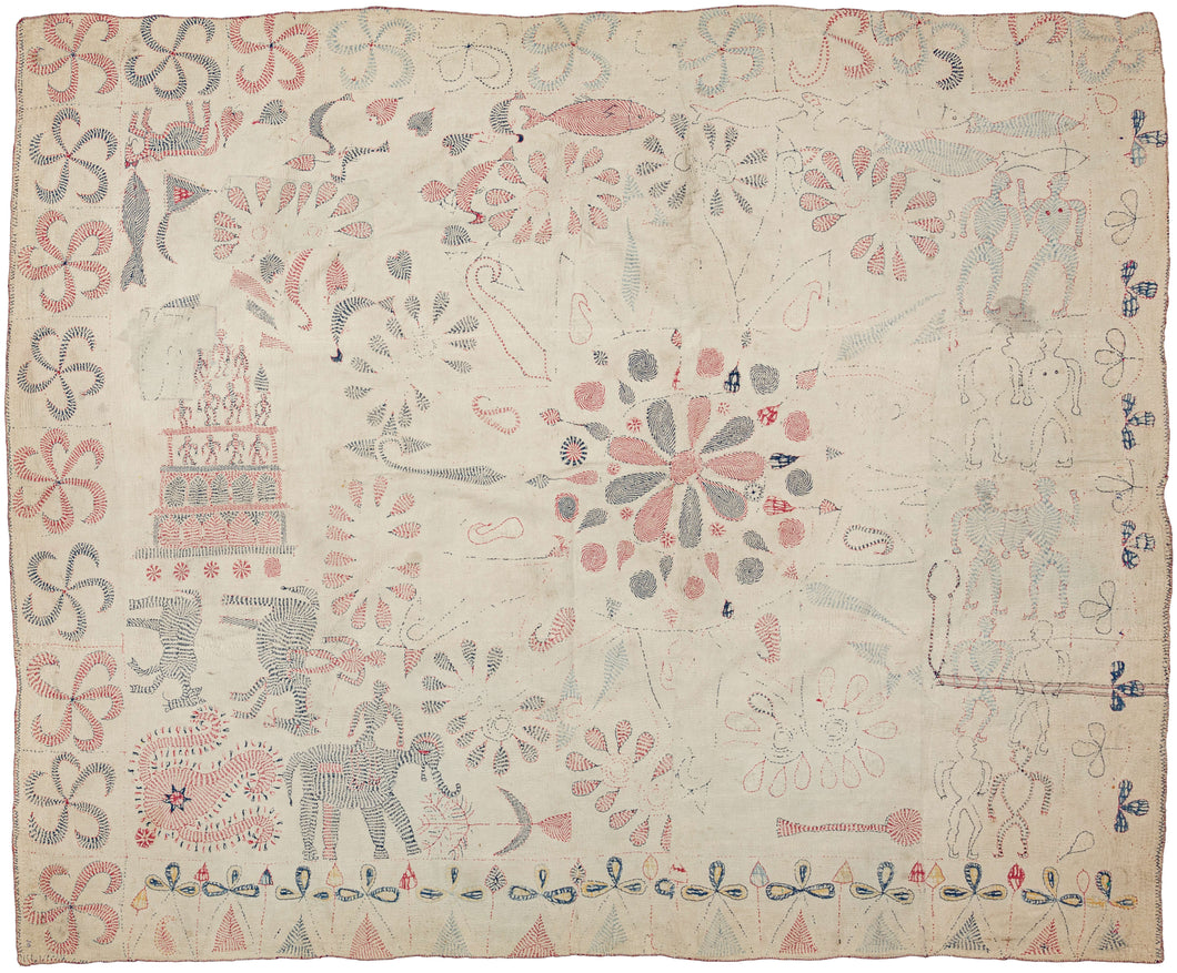 Antique Bengal Kantha featuring a wild and asymmetrical scene with a small off-center mandala. It is full of various motifs from fish, horses, elephants, and people. The people can be seen in pairs stacked on top of one another, riding a horse and an elephant as well as inside a Vimana or flying palace. The whimsical borders add to the wonderful chaos as they completely shift from large floral symbols to rosettes and eventually to triangles in different sections.