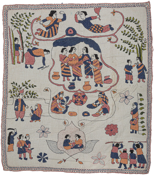 Antique Bengali narrative Kantha that tells a story over multiple scenes. It may display a classic folk story or something relevant to the maker. A variety of scenes of village life are showcased including collecting wood, making of chapathi, and a conflict where the participants are holding sticks or other weapons. A very intriguing piece that incorporates many varied scenes into a visually balanced whole.