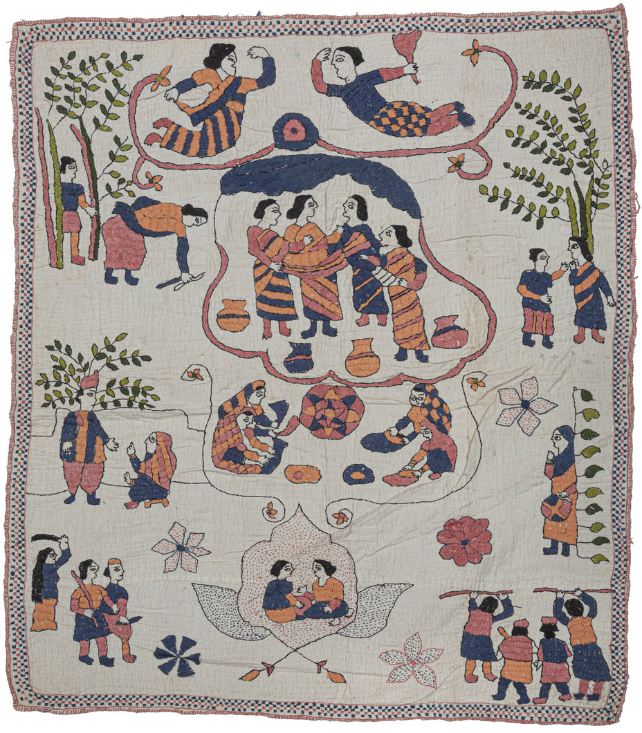 Antique Bengali narrative Kantha that tells a story over multiple scenes. It may display a classic folk story or something relevant to the maker. A variety of scenes of village life are showcased including collecting wood, making of chapathi, and a conflict where the participants are holding sticks or other weapons. A very intriguing piece that incorporates many varied scenes into a visually balanced whole.
