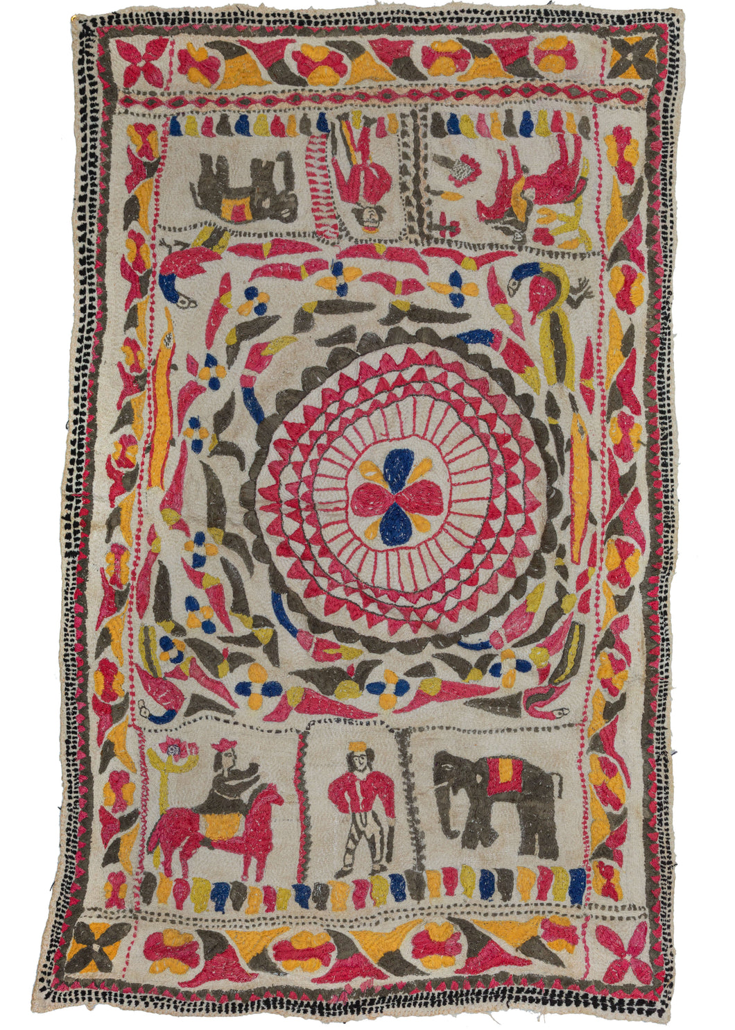 Antique Nakshi Kantha featuring an off-center mandala with three reciprocal panels on top and bottom. The panels feature an elephant, a person on horseback, and what appears to be a rendition of the British hunter motif. It is framed by an alternating rosette and leaf border reminiscent of the classical egg and dart style. At the four corners of the border is a single rosette.