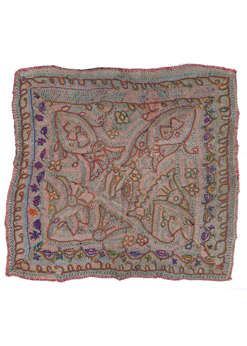 Antique Bengali Hand embroidered Islamic Nakshi Kantha Textile featuring ornate natural designs in orange, purple and green