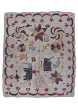 Antique Bengali hand embroidered Nakshi Kantha hand quilted textile with a tree of life motif and elephants and birds
