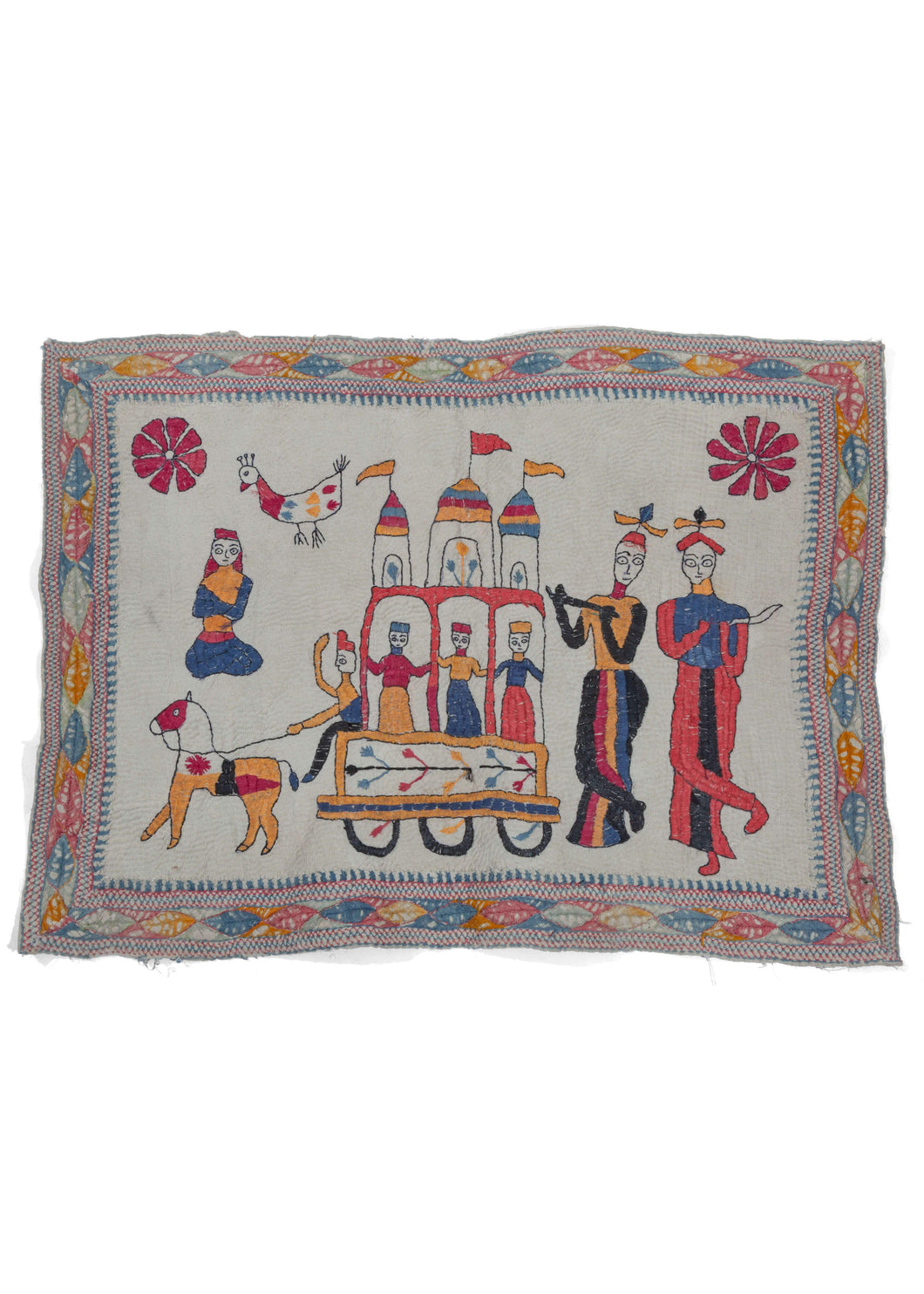 Antique Bengali hand embroidered Nakshi Kantha textile featuring three borders, one with leaves and an embroidered scene of a wedding procession with musicians and a floating yogi on a hand quilted off-white cotton