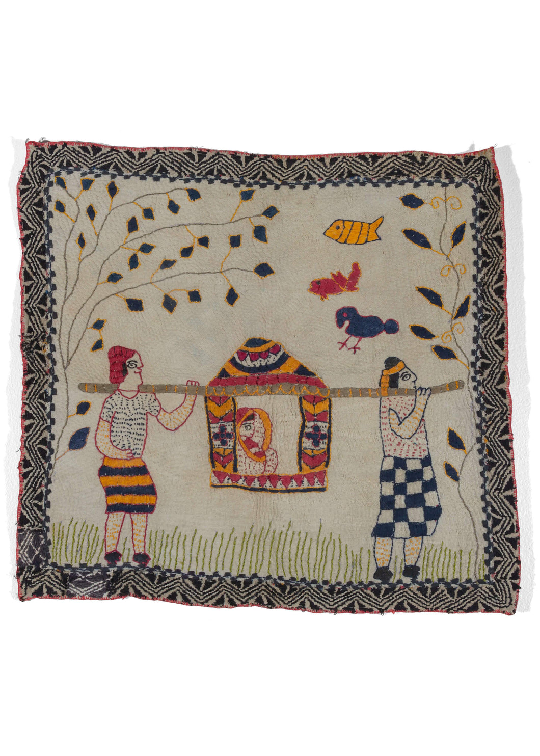 Antique Bengali hand embroidered Nakshi Kantha featuring birds flying above two carriage carriers with a bride inside atop a hand quilted off-white cotton field