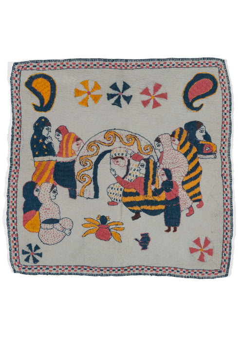 Antique Bengali hand embroidered Nakshi Kantha featuring feminine humans preparing for a wedding party atop a hand quilted off-white field