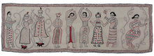This Raas Leela Nakshi Kantha features a scene called Raas Leela, which loosely translates to "Dance of Divine Love". It is a traditional story of Krishna in Hindu scripture. Krishna is depicted atop a lotus with a flute in hand with Radha, his chief consort to his left upon another lotus flower. It is embroidered in navy and red thread with a simple border on recycled cotton cloth.