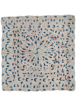 Antique pastel Kantha featuring a central mandala with pinwheels at its focal point as well as its four flanks. The patterning is a variation of different abstracted forms consistent in form as well as color with a limited palette of navy and red faded to soft pink on a white cotton ground. The consistency is slightly thrown by some moments where the original red has not faded packing a small punch. The red moments in combination with the pinwheels give this piece a hypnotic effect.