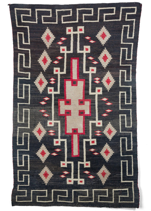 Antique surah black Navajo kilim blanket outstanding graphic of white and red