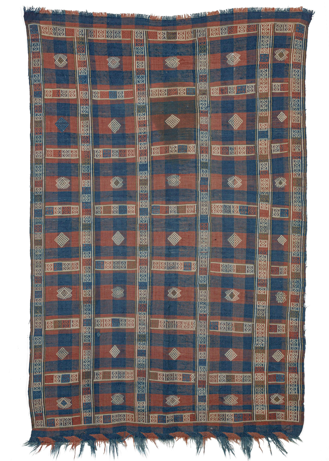 Antique Caucasian soumak Verneh kilim featuring a blue and brown plaid weave with ivory soumak embroidery in a grid formation. Small symbols and shapes in the center of the squares add visual interest. This kilim was probably made for use as a cover or a sofreh. 