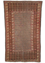 Antique visibly worn Beshir Turkmen area rug featuring a beautiful all-over lattice design with a vase like devices pattern in ivory, red, yellow and alternating blues. The border is extra special showcases long vertical tulips which fill the sides and ends.