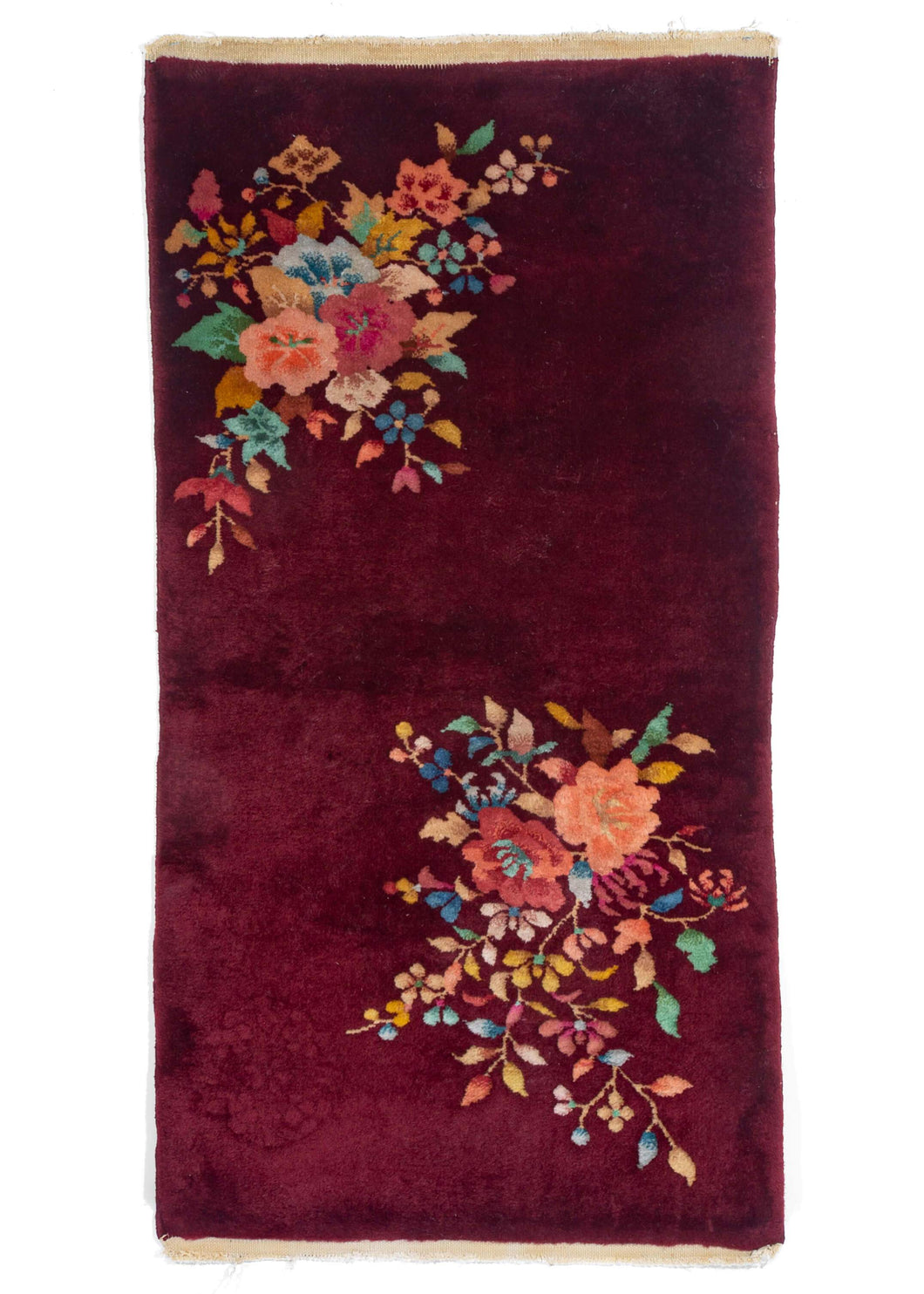 Chinese Art Deco Rug Handwoven Maroon with full medium thick pile and arranged flowers