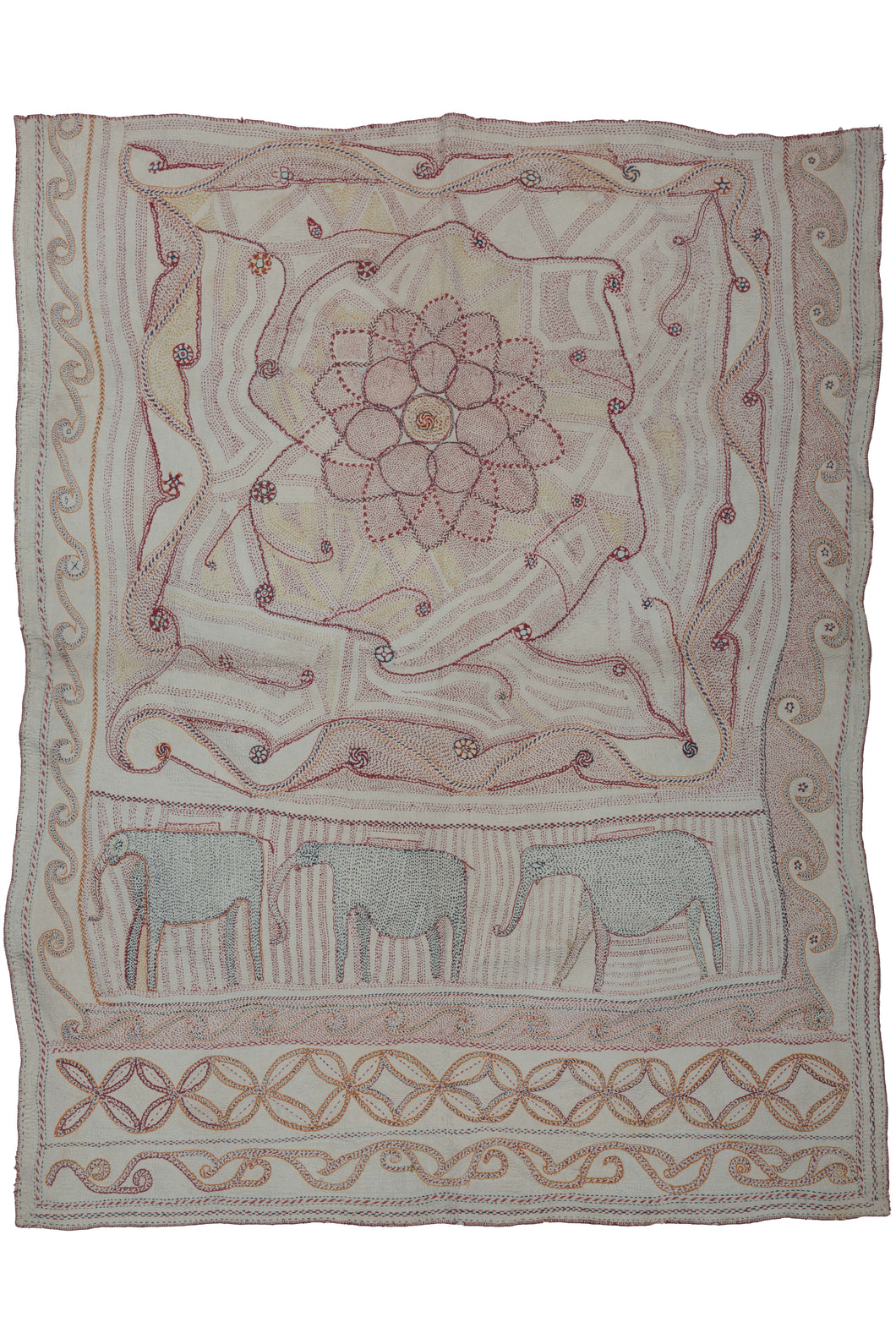 This Three Elephant Kantha features a main panel with a central flower surrounded by organic flowering vines and free-flowing running stitches. The bottom panel has a lovely rendition of three elephants. Elephants are a very auspicious and potent symbol in local culture. They represent wisdom and strength as well as having regal and divine connotations dependent on the intention of the artisan. 