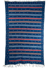 Antique Rajistani Jail Dhurrie handwoven cotton in repetitive pattern of blue, tan and red stripes on indigo blue field